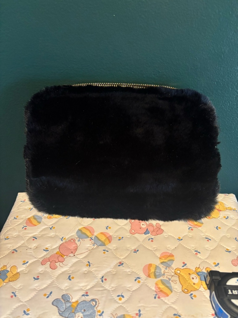 Banana Republic Faux Fur Black Zip-Top Cosmetic Pouch/Clutch